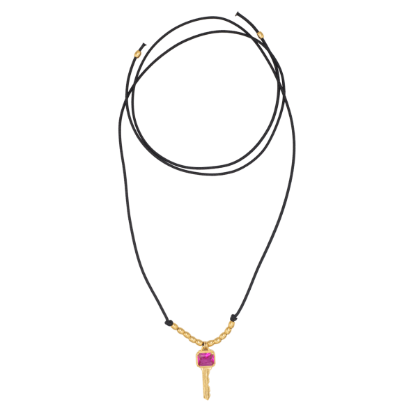 CLAVIS AURORA SİYAH İPLİ KOLYE, PEMBE KRİSTAL