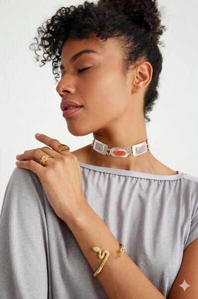 NEFERTITI GÜMÜŞ CHOKER, TURUNCU - PEMBE MİNELİ